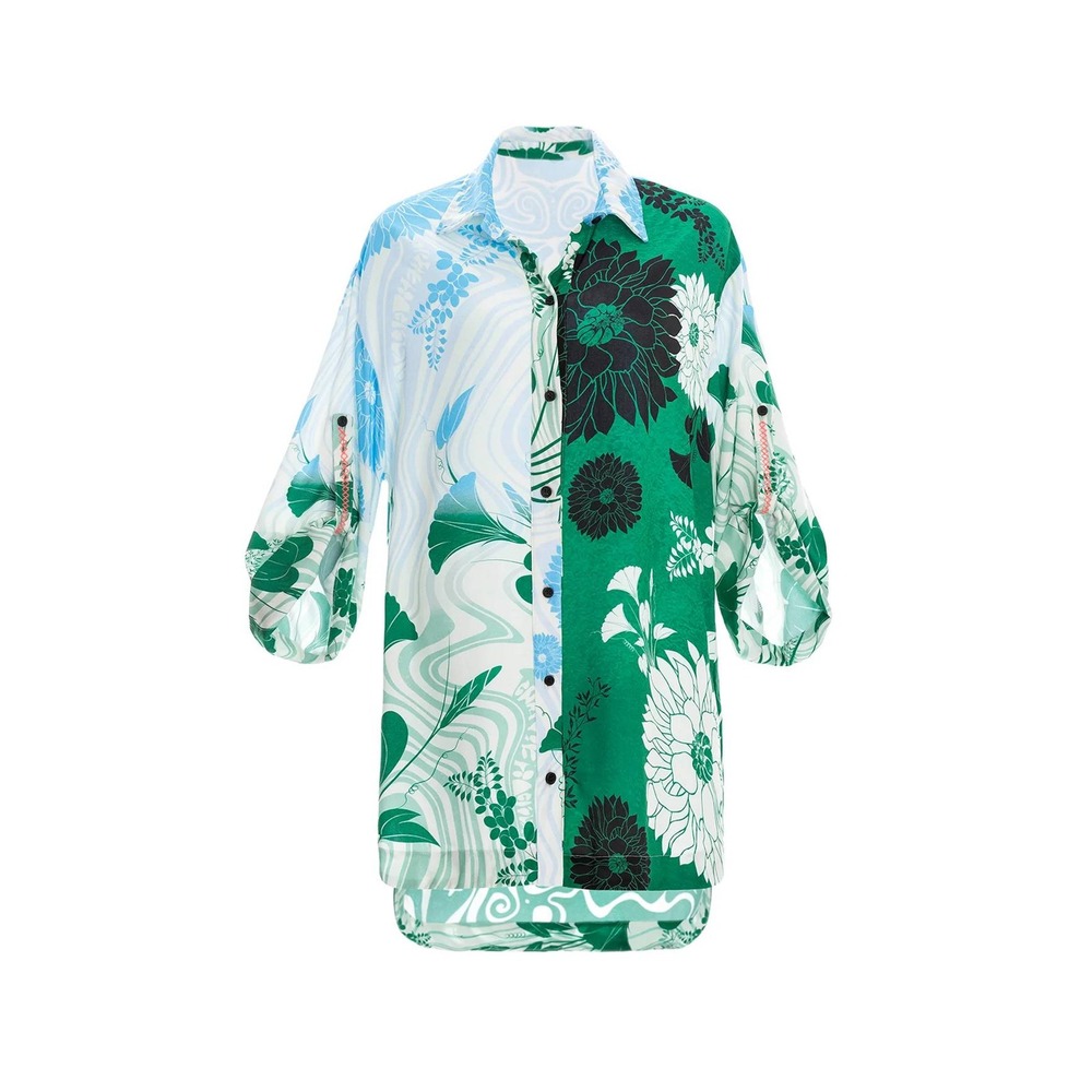 Agua Bendita Floral Psychedelic Print Button Up Shirt Green Blue Large Graphic
